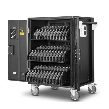 Open AVer C36i+ AC laptop oplaadkar met zichtbare oplaadcompartimenten voor 36 apparaten tot 15 inch.