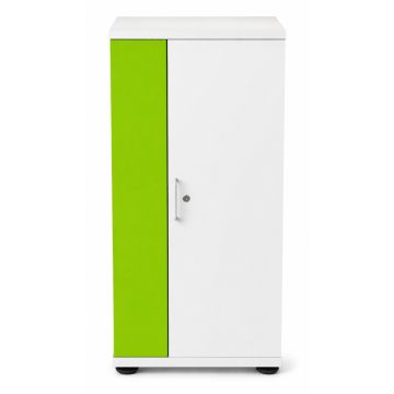 Vooraanzicht van de Zioxi iPad oplaadkast met een groene deur en een sleutelslot.