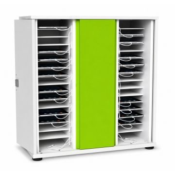 Open Zioxi iPad oplaadkast met ruimte voor 32 iPads en kabelbeheer, met opvallende groene deur.