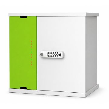Zioxi iPad USB-C oplaadkast met digitale codeslot en groene deur in gesloten positie.