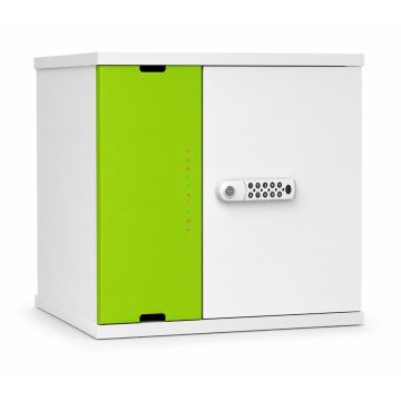 Zijaanzicht van de Zioxi oplaadkast met een groene deur en digitaal codeslot.
