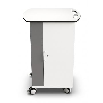 Vooraanzicht van de Zioxi Chromebook oplaadkar met een grijze en witte afwerking en wielen voor mobiliteit.