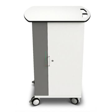 Vooraanzicht van de Zioxi Chromebook USB-C oplaadkar met sleutelslot en LED-indicatoren.