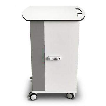 Vooraanzicht van de Zioxi onView2 Chromebook USB-C oplaadkar met digitaal codeslot en laadindicatoren.