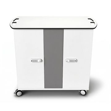 Vooraanzicht van de Zioxi Chromebook oplaadkar met digitaal codeslot en wielen voor mobiliteit.