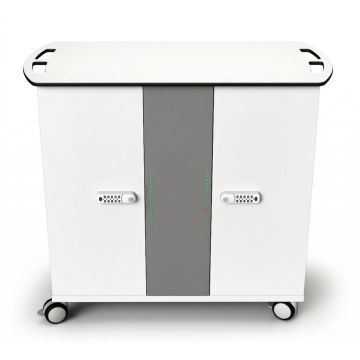 Vooraanzicht van de Zioxi onView2 Chromebook USB-C oplaadkar met digitale codeslot en LED-indicatoren.
