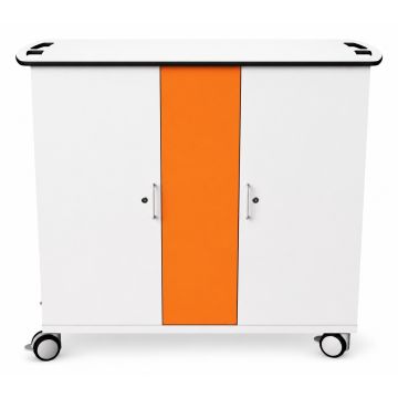 Front view of Zioxi iPad oplaadkar with distinctive orange panel and key lock feature.
