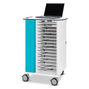Zijaanzicht van de Zioxi laptop oplaadkar met open compartimenten voor 16 laptops en zichtbare kabelbeheer.