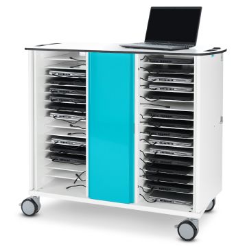 Zijaanzicht van de Zioxi laptop oplaadkar met open compartimenten voor 32 laptops en een laptop op de bovenkant.