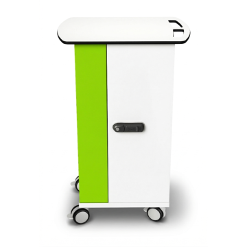 Zijaanzicht van de Zioxi iPad oplaadkar met een groene en witte afwerking en RFID-slot.