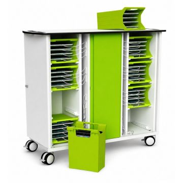 Open Zioxi iPad oplaadkar met zichtbare compartimenten voor 32 iPads en een groene mand voor extra opslag.