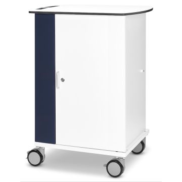 Zijaanzicht van de Zioxi VR headset oplaadkar met een blauwe deur en wielen voor mobiliteit.