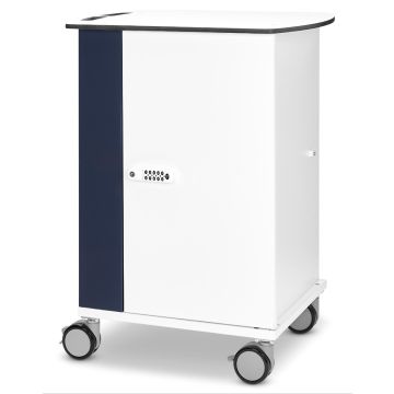 Zijaanzicht van de Zioxi VR headset oplaadkar met digitaal codeslot en wielen voor mobiliteit.