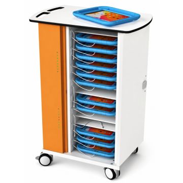 Open Zioxi onView2 oplaadkar met zichtbare iPads in blauwe kinderhoezen en kabelbeheer.