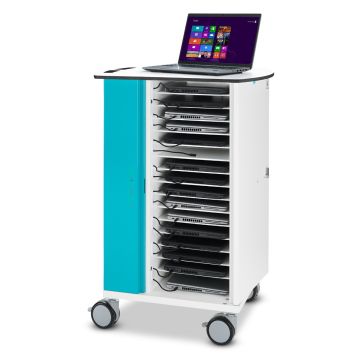 Zijaanzicht van de Zioxi onView2 laptop USB-C oplaadkar met open compartimenten voor 16 laptops en een laptop op de bovenkant.