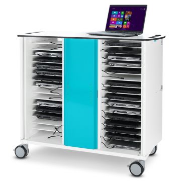 Zijaanzicht van de Zioxi onView2 laptop USB-C oplaadkar met open compartimenten en een laptop op de bovenkant.