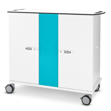 Zijaanzicht van de Zioxi onView2 laptop USB-C oplaadkar met een opvallende turquoise deur en wielen voor mobiliteit.