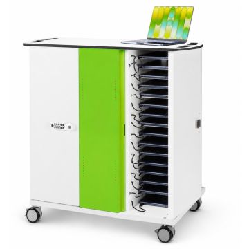 Zijaanzicht van de Zioxi OnView MacBook NEO oplaadkar met open compartimenten voor 32 MacBooks en een digitaal codeslot.