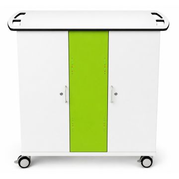 Front view of Zioxi iPad USB-C oplaadkar with vibrant green panel and locking mechanism.