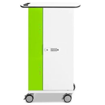 Zijaanzicht van de Zioxi iPad USB-C oplaadkar met groene en witte afwerking en digitaal codeslot.