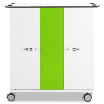 Front view of Zioxi iPad USB-C oplaadkar with distinctive green panel and digital code lock.