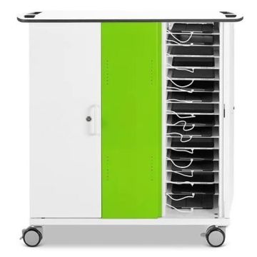 Open Zioxi onView2 iPad oplaadkar met zichtbare iPad compartimenten en kabelbeheer.