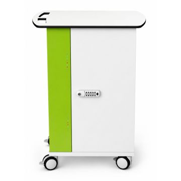 Zijaanzicht van de Zioxi iPad USB-C oplaadkar met digitaal codeslot en groene deur.