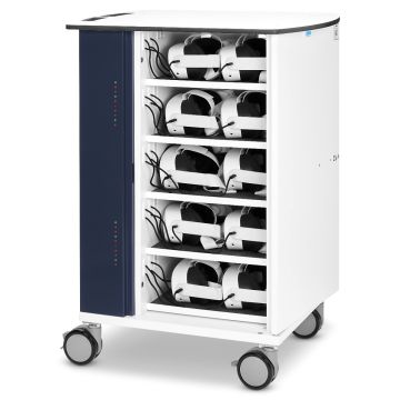 Zijaanzicht van de Zioxi onView2 VR headset oplaadkar met 20 VR headsets in opbergvakken.