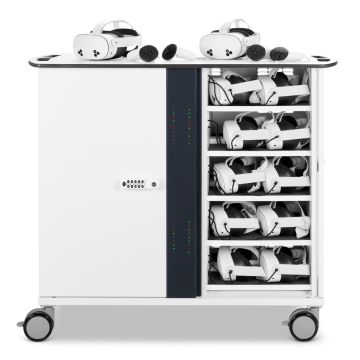 Vooraanzicht van de Zioxi onView2 VR headset oplaadkar met 40 VR headsets en digitale codeslot.