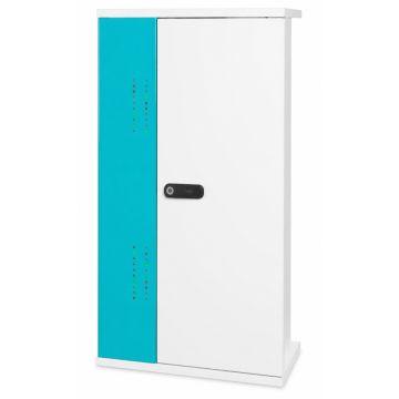 Vooraanzicht van de Zioxi smartphone USB-C oplaadkast met RFID slot, met opvallende turquoise en witte afwerking.