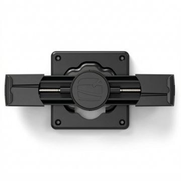 Bovenaanzicht van de Compulocks Cling wandhouder voor tablets, zwart, met open mechanisme voor tabletbevestiging.