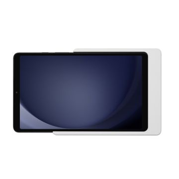 Detailweergave van de Displine Companion Wall Home wandhouder voor Samsung Galaxy Tab A9 in wit, met tablet in de houder.