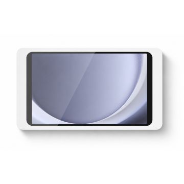 Bovenaanzicht van de Displine Companion Wall 2.0 wandhouder met Samsung Galaxy Tab A9, met een minimalistisch ontwerp in wit.
