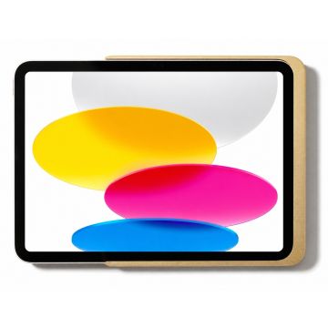 Detailweergave van de Displine Dame Wall Home 2.0 wandhouder met een iPad 11 inch, goudkleurige rand zichtbaar.