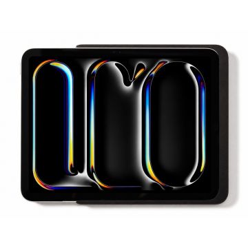 Bovenaanzicht van de Displine Dame Wall Home 2.0 wandhouder met iPad Pro 13 inch, zwart, met een kleurrijke achtergrond.