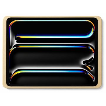 Recht vooraanzicht van de gouden Displine Dame Wall 2.0 wandhouder met een iPad Pro 13 inch, waarop een abstracte, kleurrijke achtergrond te zien is.