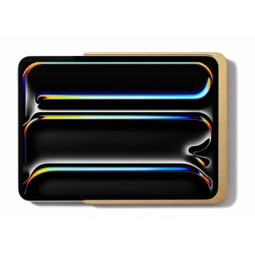 Bovenaanzicht van de Displine Dame Wall Home 2.0 wandhouder met een iPad Pro 11 inch, zichtbaar in een elegante gouden afwerking.