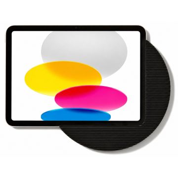 Detailweergave van de Displine Moonlight wandhouder voor iPad 10.9 inch, zwart, met kleurrijke achtergronden.