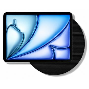 Detailopname van de Displine Moonlight wandhouder voor iPad Air 11 inch, zwart, met een iPad in de houder.