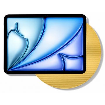 Detailweergave van de Displine Moonlight wandhouder in goud met een iPad Air 11 inch erop geplaatst.