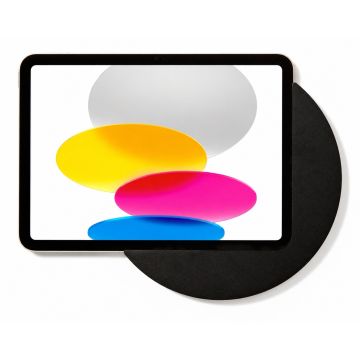 Zijaanzicht van de Displine Sunset wandhouder voor iPad met kleurrijke achtergrond en zwarte houder.