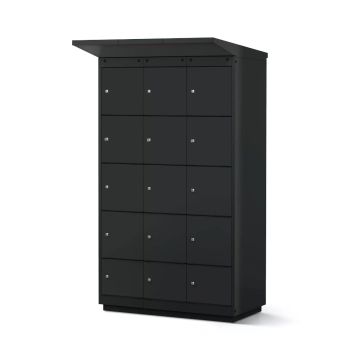 Zijaanzicht van de Lockeel fietsaccu laadlocker met 12 compartimenten en sleutelslot, gesloten en in een neutrale omgeving.