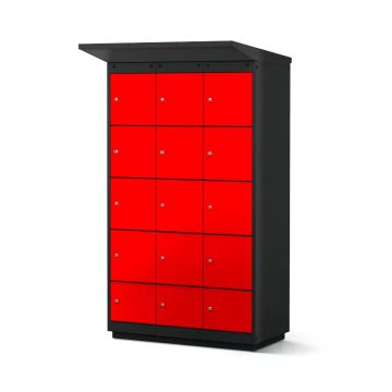 Zijaanzicht van de Lockeel fietsaccu laadlocker met 12 compartimenten in opvallend rood en zwart ontwerp.