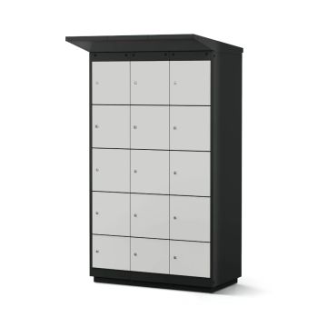 Zijaanzicht van de Lockeel fietsaccu laadlocker met 12 compartimenten en muntslot, gesloten en in een neutrale omgeving.