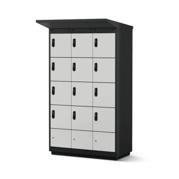 Zijaanzicht van de Lockeel fietsaccu laadlocker met 12 compartimenten en elektronische codesloten.