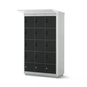 Vooraanzicht van de Lockeel fietsaccu laadlocker met 12 compartimenten en elektronische codeslot.