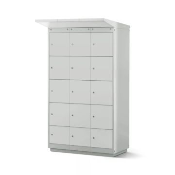 Vooraanzicht van de Lockeel fietsaccu laadlocker met 12 compartimenten en sleutelslot.
