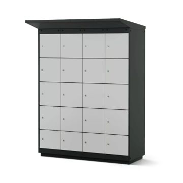 Vooraanzicht van de Lockeel fietsaccu laadlocker met 16 compartimenten en muntslot.