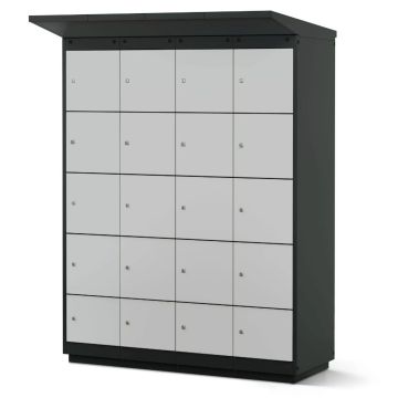 Zijaanzicht van de Lockeel fietsaccu laadlocker met 16 compartimenten en sleutelslot, volledig gesloten.