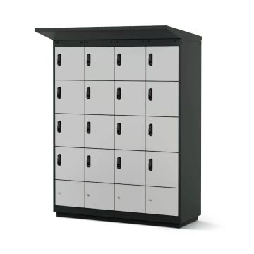 Zijaanzicht van de Lockeel fietsaccu laadlocker met 16 compartimenten en elektronische codesloten.